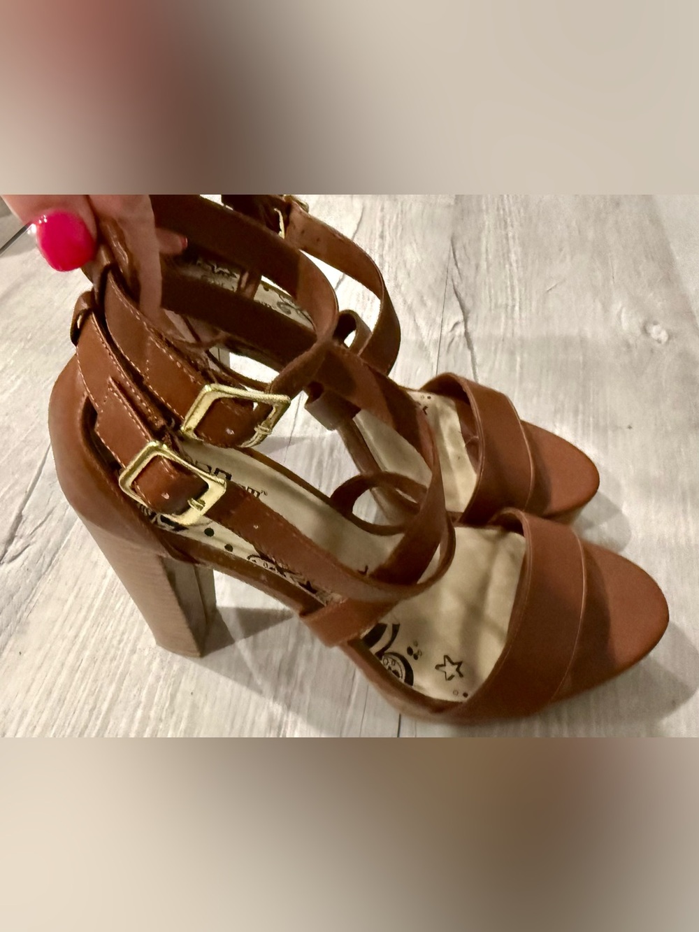 Brash Brown Double Strap Block Heels with Gold Buckles